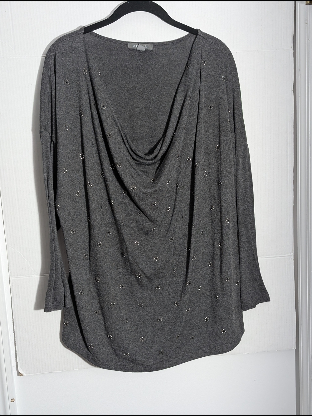 Roz & Ali Embellished Gray Cowl Neck Top - Size 1X